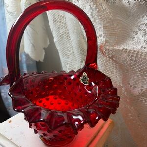 Vintage Fenton Ruby Red Hobnail Basket large